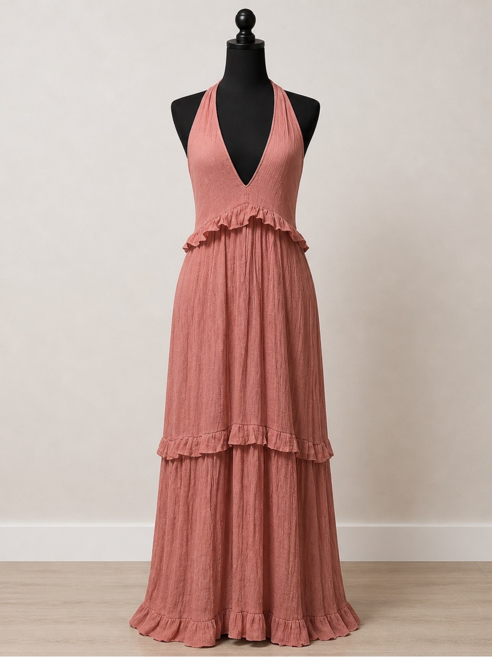 S-CHICO Dusty Rose Maxi Dress Boho Tiered Ruffle Halter Style